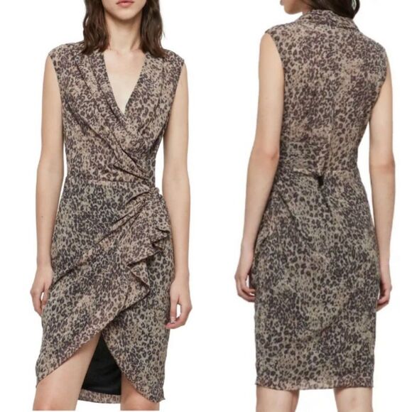 AllSaints Dresses & Skirts - AllSaints Cancity Patch Ruched Wrap Dress US Sz 4 Leopard Print Chiffon